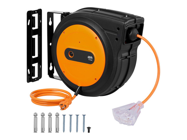 Retractable Extension Cord Reel, 65 FT, Heavy Duty 12AWG/3C SJTOW Retractable Power Cord with Lighted Triple Tap Outlet, 15 Amp Circuit Breaker...