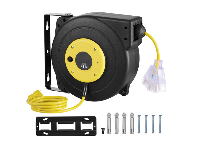 Retractable Extension Cord Reel, 45 FT, Heavy Duty 12AWG/3C SJTOW Retractable Power Cord with Lighted Triple Tap Outlet, 15 Amp Circuit Breaker...