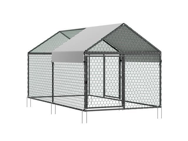 VEVOR Metal Chicken Coop for 4-6 Chickens, 3.3 x 6.6 x 3.3 ft, Small Chicken Cage with Waterproof Cover & Double Doors, Spire Roof Poultry Run...