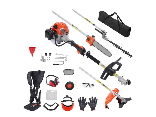 26CC 5-in-1 Multi-Functional Trimming Tools, Gas Hedge Trimmer, Weed Eater, String Trimmer, Edger, Pole Saw Chainsaw Pruner with Extension Pole