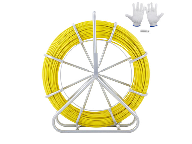 Fish Tape Fiberglass, 600 ft, 5/16 in, Duct Rodder Fishtape Wire Puller, Cable Running Rod with Steel Reel Stand, 3 Pulling Heads, Fishing Tools...