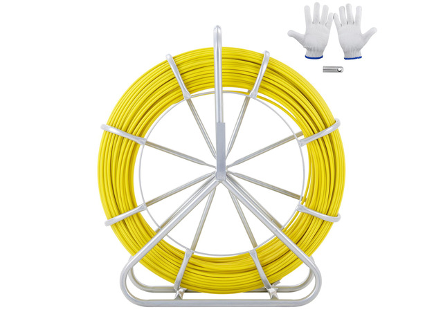 Fish Tape Fiberglass, 656 ft, 1/4 inch, Duct Rodder Fishtape Wire Puller, Cable Running Rod with Steel Reel Stand, 3 Pulling Heads, Fishing Tools...