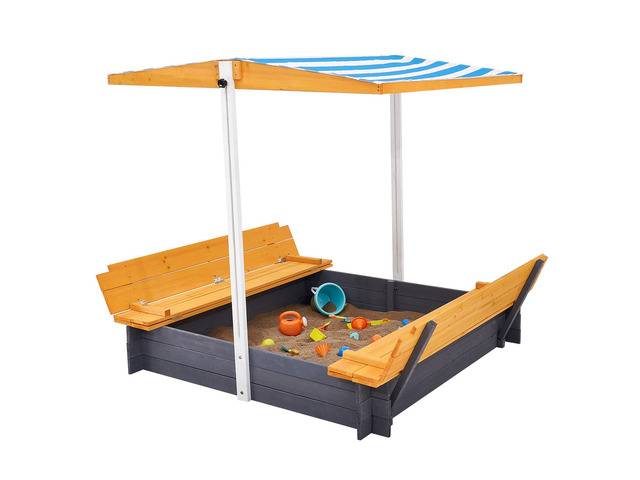 Wooden Sandbox with Canopy, 57.3 x 47.2 x 47.2 in Sand Box, Sand Pit with Foldable Bench Seats and Bottom Liner, Natural Wood Kids Sandbox for...