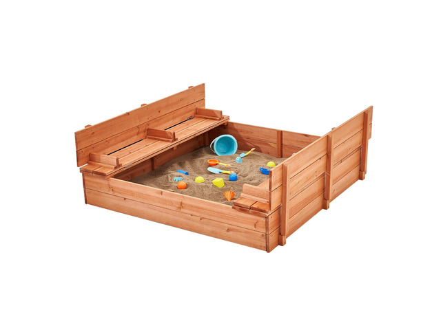 Wooden Sandbox, 52.4 x 47.2 x 16.9 in Sand Box, Sand Pit with Foldable Bench Seats and Bottom Liner, Natural Wood Kids Sandbox for Outdoor...