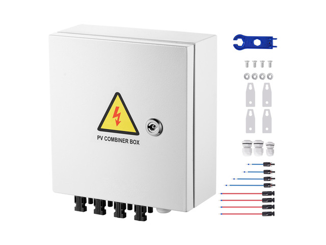 PV Combiner Box, 4 String, Solar Combiner Box with 15A Rated Current Fuse 63A Circuit Breaker Lightning Arrester and Solar Connector, Steel Case...