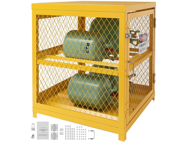 VEVOR Horizontal Cylinder Storage Cabinet, 4 x 33 lbs Cylinder Capacity, 31.02x30.04x35 inch Propane Storage Cage, Gas Cylinder Cabinet, Yellow...