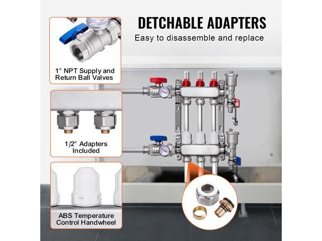 3-Branch Radiant Heat Manifold, 1/2' PEX Tubing Manifold, Stainless Steel PEX Manifold for Hydronic Radiant Floor Heating, Radiant Heat PEX...