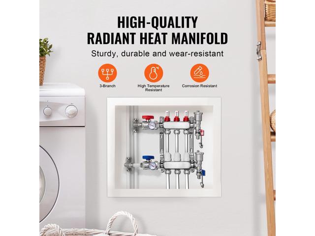 3-Branch Radiant Heat Manifold, 1/2' PEX Tubing Manifold, Stainless Steel PEX Manifold for Hydronic Radiant Floor Heating, Radiant Heat PEX...