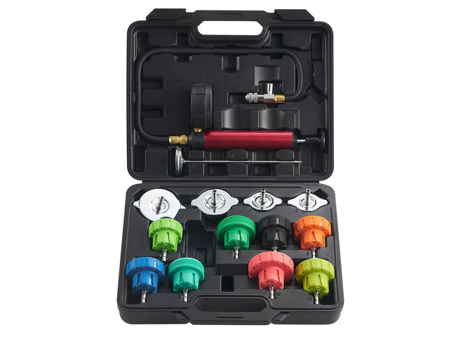 14 pcs Universal Radiator Pressure Tester Kit, Coolant Pressure Tester Kit with Manual Pump and Color-coded Steel Test Cap Adapters, with Toolbox,...