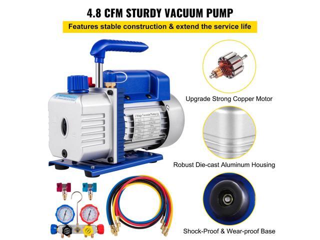 Suction Pump 4.8CFM 1/4 HP Single Stage for HVAC A/C Cooling Systems, 5PA Ultimate Vacuum, Manifold Gauge Kit R410A R134A R22, Includes 4-Way Gauge...