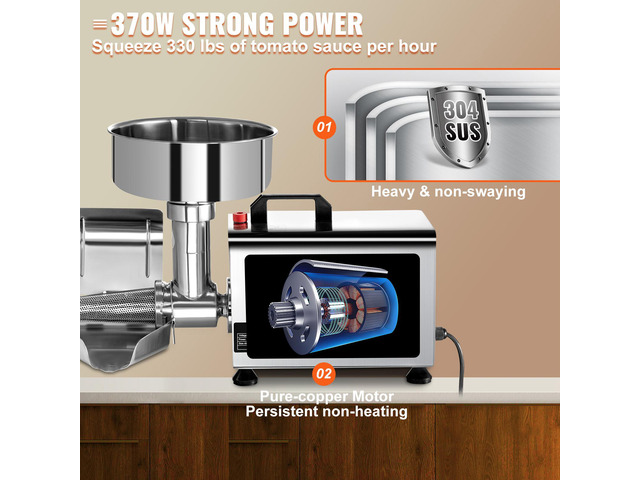 110V Electric Tomato Strainer 370W Commercial Grade Tomato Milling Machine Stainless Steel Tomato Press and Strainer 90-160 Kg/H Pure Copper Motor...