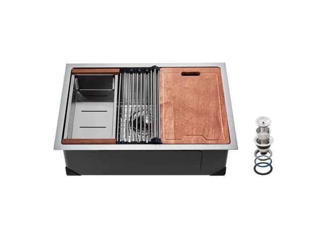 23 inch Kitchen Sink Workstation, 304 Stainless Steel Undermount Sink, Drop-In Single Bowl Farmhouse Basin with Ledge & Multiple Accessories,...