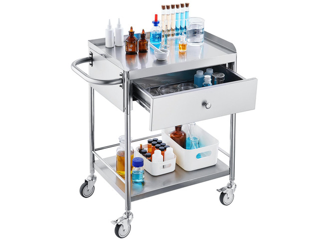 VEVOR Medical Cart, 2-Layer Stainless Steel Cart 220 lbs Weight Capacity, Lab Utility Cart with 360° Silent Wheels and a Drawer for Lab, Clinic,...