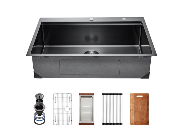 33 inch Kitchen Sink Workstation, 304 Stainless Steel Top Mount Sinks, Drop-In Single Bowl Farmhouse Basin with Ledge & Multiple Accessories,...