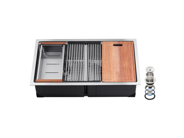 33 inch Kitchen Sink Workstation, 304 Stainless Steel Undermount Sink, Drop-In Double Bowl Farmhouse Basin with Ledge & Multiple Accessories,...