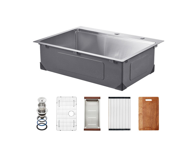 30 inch Kitchen Sink Workstation, 304 Stainless Steel Top Mount Sinks, Drop-In Single Bowl Farmhouse Basin with Ledge & Multiple Accessories,...
