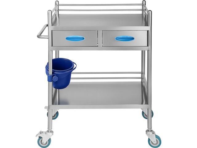 Lab Serving Cart, 2 Layers Stainless Steel Utility Rolling Cart, Medical Cart with Two Drawers, Dental Utility Cart with Lockable Wheels and A...