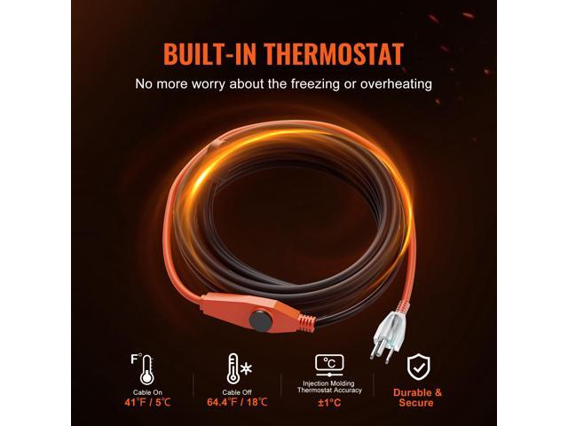 VEVOR Pipe Heating Cable 24FT 7W/FT Heat Tape for Pipes with Built-in Thermostat