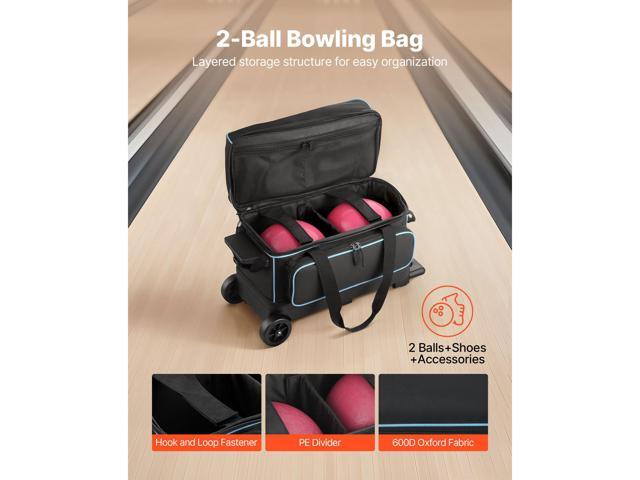 Bowling Ball Bag, 2 Ball Double Roller Bowling Bag with Wheels, Featuring a Separate Compartment for Shoes (Up To US Size 16) & Oversized Accessory...