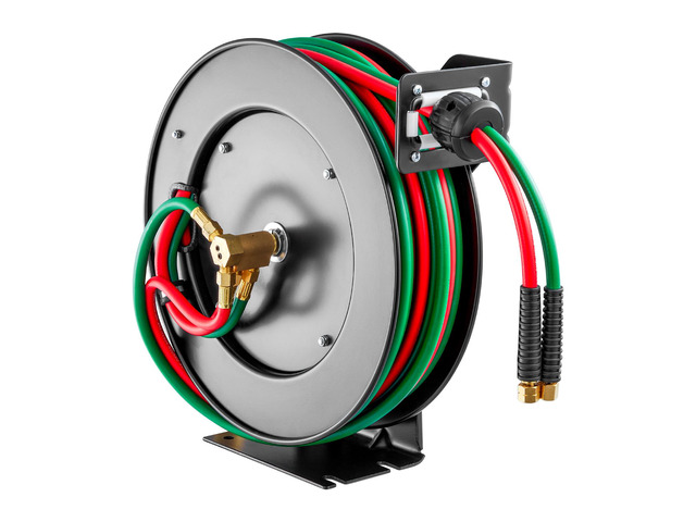 Retractable Welding Hose Reel, 1/4-Inch x 50FT Twin Oxygen Acetylene Rubber Hose Max 300PSI - R Grade, Ceiling/Wall Mount Heavy Duty Steel Hose...