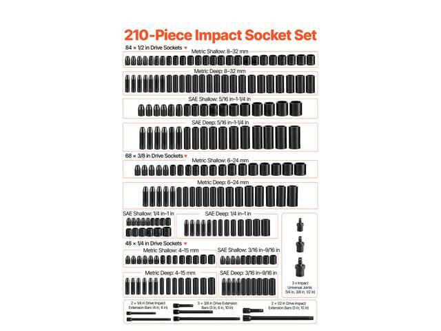 210 Piece Drive Impact Socket Set, 1/4, 3/8, 1/2 Inch, 6 Point Deep & Shallow Impact Sockets, SAE (3/16 to 1-1/4 in) and Metric (4 to 32 mm) Sizes...