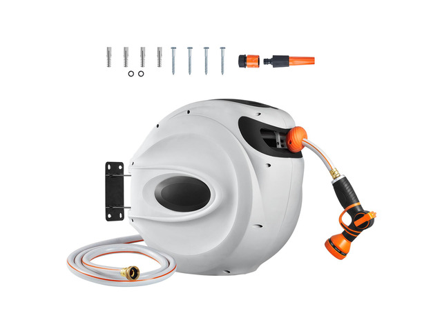Retractable Hose Reel, 100 ft x 1/2 inch, 180° Swivel Bracket Wall-Mounted, Garden Water Hose Reel with 9-Pattern Nozzle, Automatic Rewind, Lock at...
