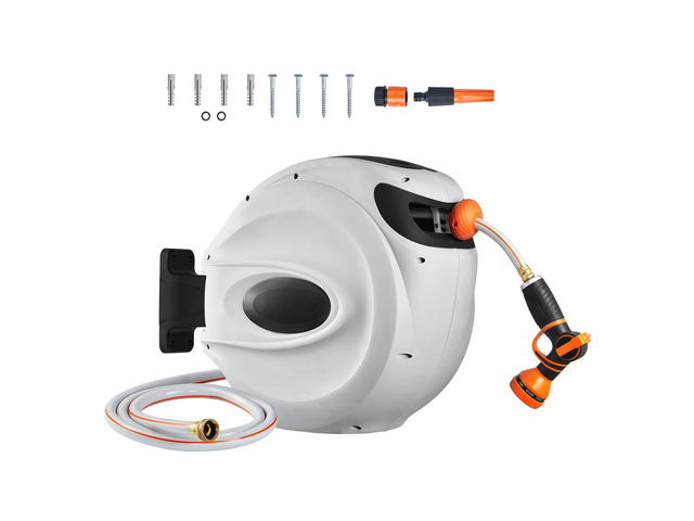Retractable Hose Reel, 65 ft x 5/8 inch, 180° Swivel Bracket Wall-Mounted, Garden Water Hose Reel with 9-Pattern Nozzle, Automatic Rewind, Lock at...