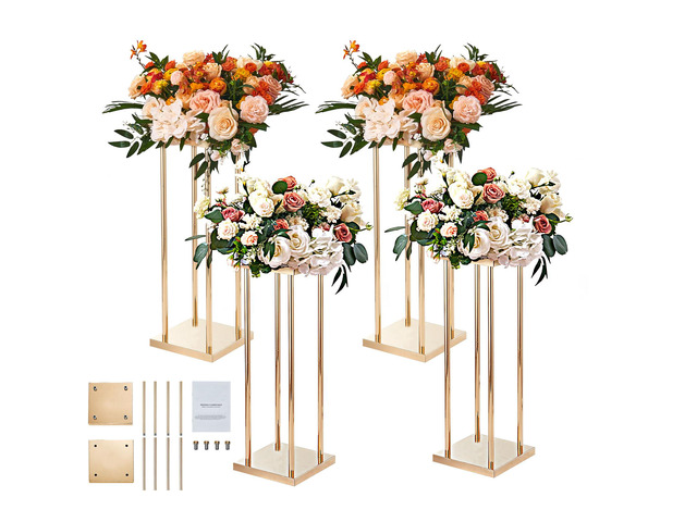 4PCS Gold Metal Column Wedding Flower Stand, 31.5inch High With Metal Laminate, Vase Geometric Centerpiece Stands, Cylindrical Floral Display Rack...