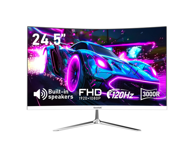 24.5 Inch Gaming Curved Monitor Built-in Speakers, 3000R 120Hz White PC Screen Full HD 1080P, HDMI 2.0, VGA, Wall Mount Compatible 75 * 75mm