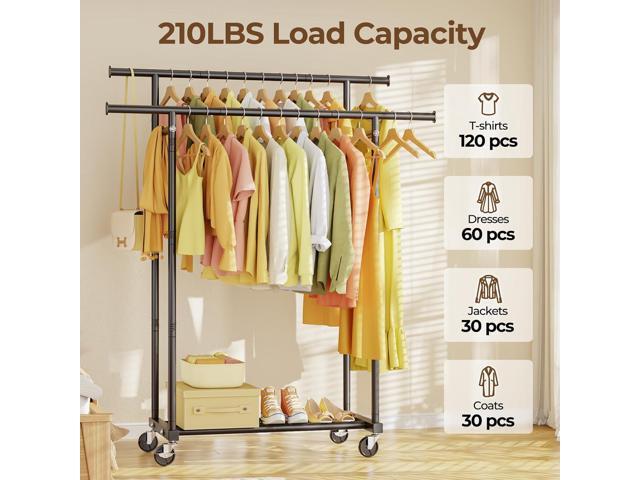 Double Rods Clothes Rack, Rolling Clothing Rack for Hanging Clothes Portable Wardrobe Rack, Metal Garment Rack Sturdy Coat Rack for Bedroom Laundry...