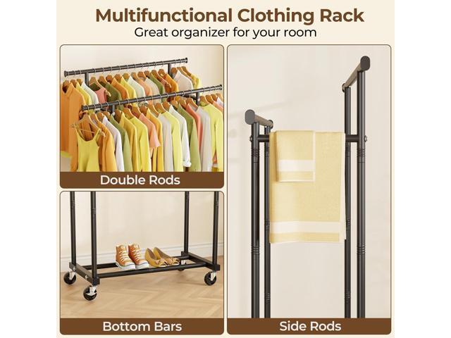 Double Rods Clothes Rack, Rolling Clothing Rack for Hanging Clothes Portable Wardrobe Rack, Metal Garment Rack Sturdy Coat Rack for Bedroom Laundry...