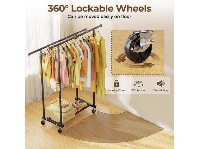 Double Rods Clothes Rack, Rolling Clothing Rack for Hanging Clothes Portable Wardrobe Rack, Metal Garment Rack Sturdy Coat Rack for Bedroom Laundry...