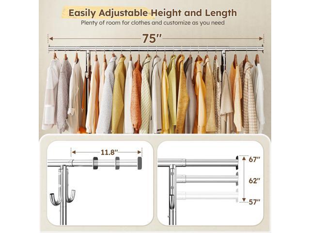 Raybee 75' W Heavy Duty Clothes Rack Load 450 LBS, Metal Garment Storage with Mesh Shelf, Lockable Wheels & Anti-Slip Stoppers, Rolling Clothing...