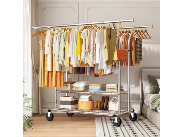 Raybee 74' W Heavy Duty Clothes Rack, Double Rods Clothing Rack Load 630 LBS, Rolling Clothes Racks for Hanging Clothes 400+, Garment Rack for...