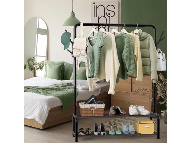 Simple Houseware 52-Inch Freestanding Closet Garment Rack with Storage Shelves and Coat/Hat Hooks, Black