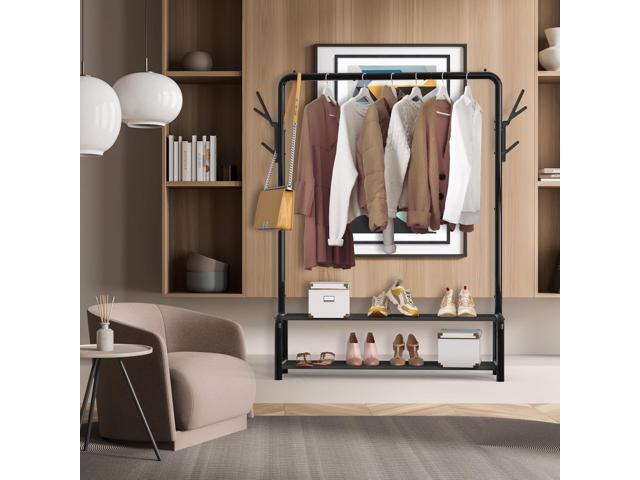 Simple Houseware 52-Inch Freestanding Closet Garment Rack with Storage Shelves and Coat/Hat Hooks, Black