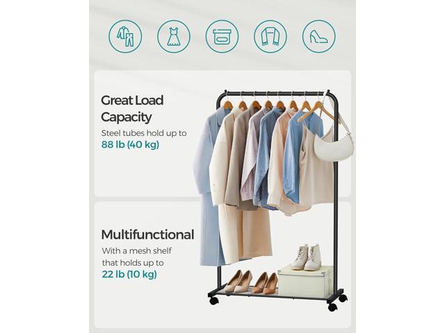 SONGMICS Clothes Rack with Wheels, Clothing Rack for Hanging Clothes, 25.4 mm Metal Garment Rack with Dense Mesh Storage Shelf, 110 lb Load...