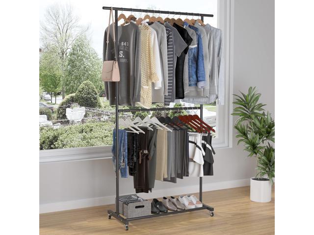 Sywhitta Double Rod Clothing Garment Rack, Rolling Clothes Organizer on Wheels for Hanging Clothes, Easy to Assemble, Adjustable, Black