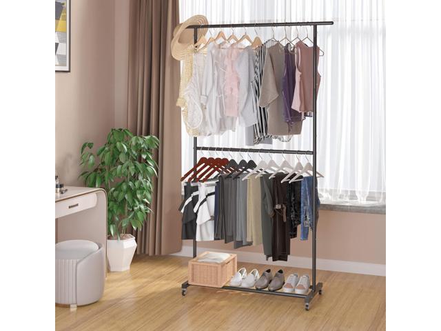 Sywhitta Double Rod Clothing Garment Rack, Rolling Clothes Organizer on Wheels for Hanging Clothes, Easy to Assemble, Adjustable, Black