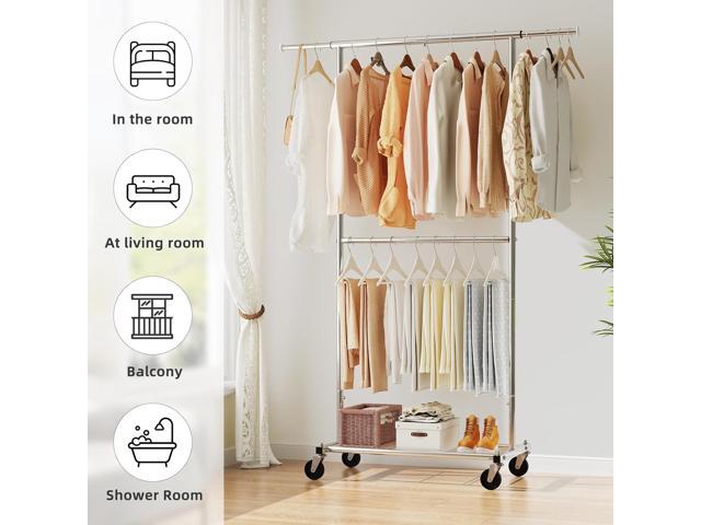 Simple Trending Standard Clothing Garment Rack, Rolling Clothes Organizer with Wheels and Bottom Shelves, Extendable, Chrome