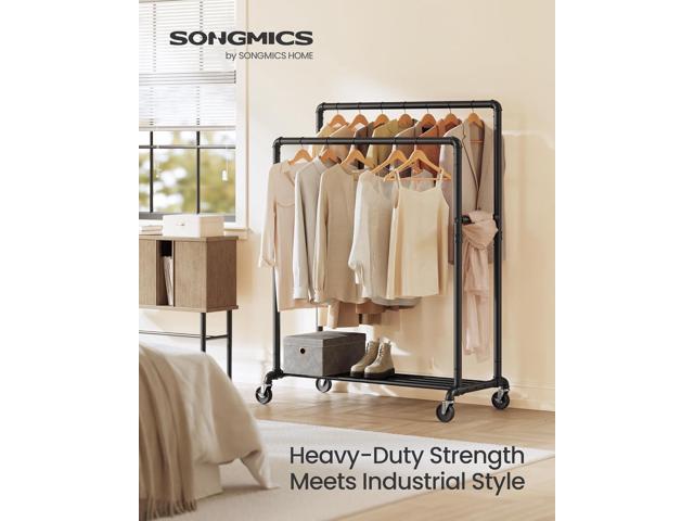 SONGMICS Heavy-Duty Clothes Rack, Double-Rod Clothing Rack for Hanging Clothes, Industrial Garment Rack on Wheels, Metal Frame, 2 Casters with...