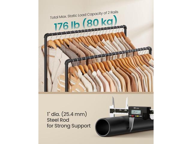 SONGMICS Heavy-Duty Clothes Rack, Double-Rod Clothing Rack for Hanging Clothes, Industrial Garment Rack on Wheels, Metal Frame, 2 Casters with...