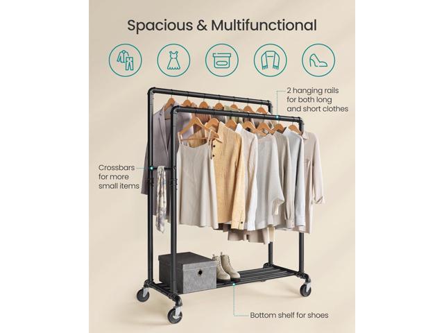SONGMICS Heavy-Duty Clothes Rack, Double-Rod Clothing Rack for Hanging Clothes, Industrial Garment Rack on Wheels, Metal Frame, 2 Casters with...