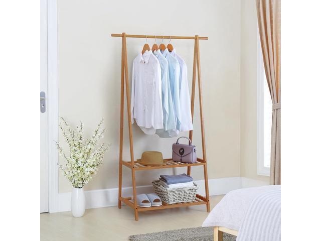 Finnhomy Bamboo Clothes Rack Portable Extra Large Garment Rack 2-Tire Storage Box Shelves For Entryway and Bed Room Patented Design