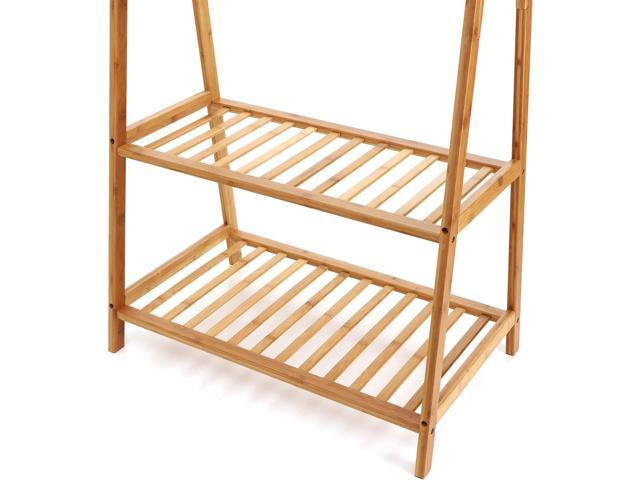 Finnhomy Bamboo Clothes Rack Portable Extra Large Garment Rack 2-Tire Storage Box Shelves For Entryway and Bed Room Patented Design