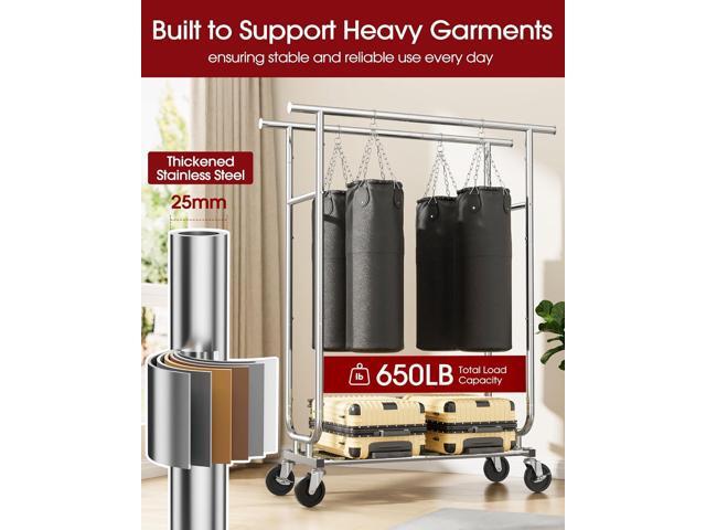Clothes Rack - Double-Rod Stainless Steel Garment Rack with 4-inch Lockable Wheels, Clothing Racks for Hanging Clothes in Bedroom, Laundry Room,...