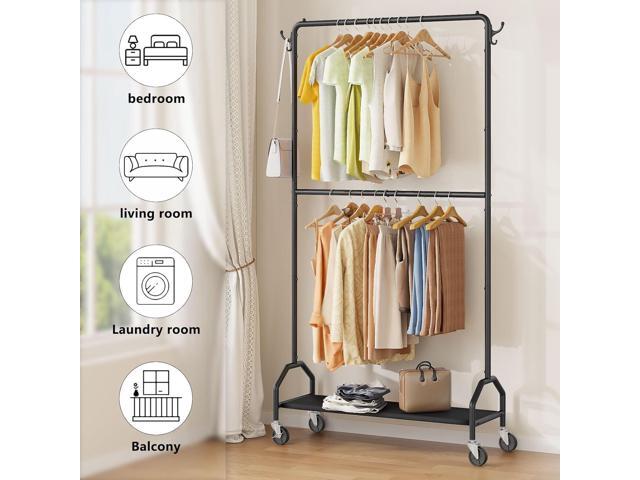 Clothes Rack Double Hanging Clothes Rack Clothing Rack Garment Rack 130LBS Capacity 34.5' W X15.8 D X 79' H Rolling Clothes Racks with Bottom Shelf