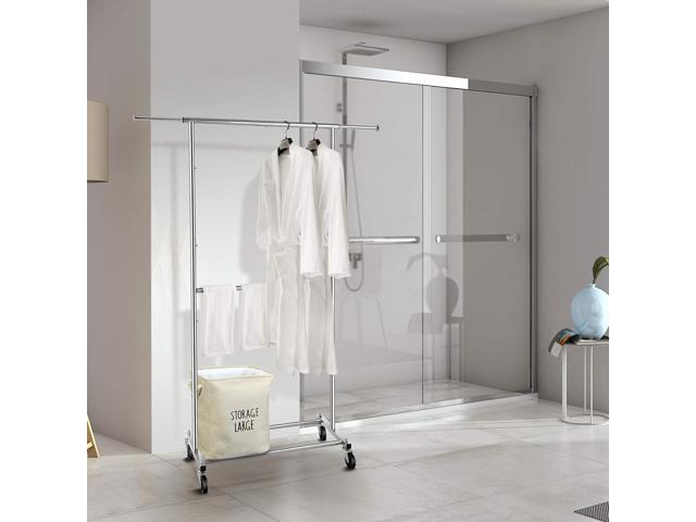 Simple Trending Double Rod Clothing Garment Rack, Rolling Clothes Organizer on Wheels for Hanging Clothes, Chrome