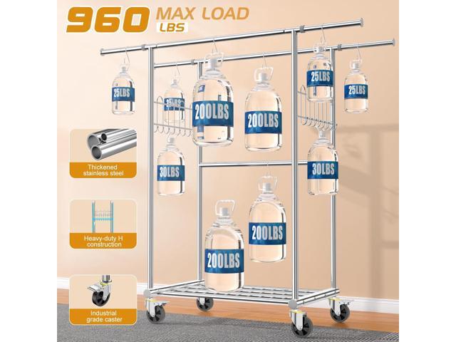 100% Stainless Steel Heavy Duty Clothes Rack Load 960LBS, Three Rods Clothing Racks for Hanging Clothes ExtendableRolling Garment Rack With Sturdy...