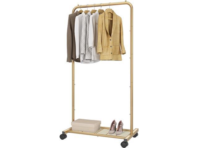 Simple Trending Standard Clothes Garment Rack, Clothing Rolling Rack with Mesh Storage Shelf on Wheels, Golden Yellow